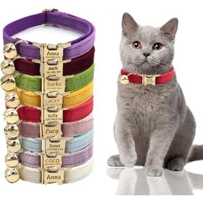 Personalized Cat Collar with Custom Name Plate, Customize Engraved Gold Metal Buckle, Adjustable Velvet Tough Nylon Cat ID Tag Collars with Bell