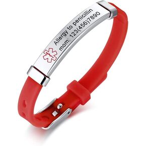 MEALGUET Medical Alert id Bracelets for Kid, Customized Children Silicone & Stainless Steel Adjustable Medical ID Wristband for Toddler,Child,daughter,son, safety ID Bracelet