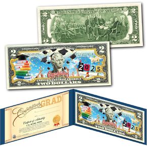 Happy Graduation Class of 2025 Uncirculated Two Dollar Bill Special Edition Collectible Display Holder and Diploma Style Certificate
