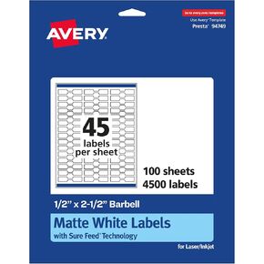 Avery Matte White Barbell Labels, Sure Feed Technology, 0.5" x 2.5", 1,125 White Labels, Permanent Adhesive, Laser/Inkjet Printable