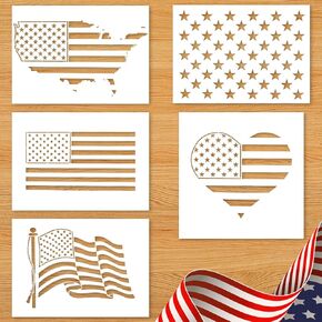 5Pcs American Flag Sencils 50 Star Stencil Heart Map Star Templates Reusable American Flag Templates Stencils for Painting on Wood Walls Canvas Fabric Paper DIY Crafts 5x7/6x6 inch