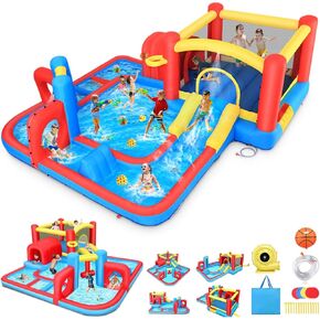 Kids Bounce House Waterslide, 12.8x12FT 12-in-1 Bouncy Castle With Catch Ball Set, Toss Rings, Water Soaker Balls, Water Gun, Basketball - 2 Slides & Pools, Climbing Wall, Basketball Rim, Water Cannon