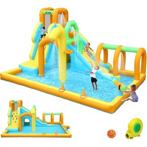 JOYMOR 10-in-1 Inflatable Water Slide Bounce House w/Water Bucket, Tunnel, Water Cannon, Basketball Hoop, 1min Blow Up Water Slide (Include Air Blower), Backyard Water Slide Park for Kids 3-10Y