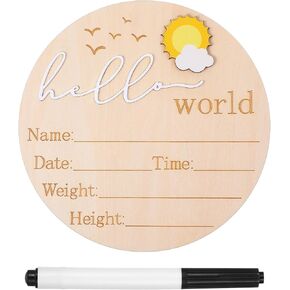 Wooden Baby Announcement Sign, 5.9'' Hello World Newborn Announcement Sign, Lovely Babies Name Plaques Birth Signs for Photo Prop Hospital Gift Decor Round Keepsake