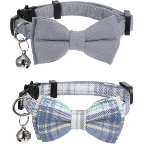 2 PCS Cat Collar with Bow Breakaway Bowtie Safety with Bell Cat Bow Tie Collar Cute Boy Kitten Collars Solid Color Plaid Pet Collars Adjustable Safety Quick Release Cats for Kitten Cats (Blue)