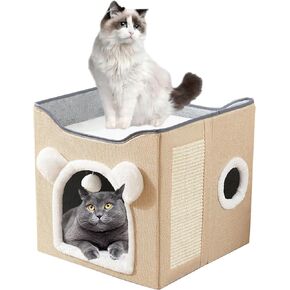 Cat Bed for Indoor Cats Foldable Cat Houses with Fluffy Ball and Scratch Pad Large Cat Cave Grey Cat Hideaway 15.3x15.3x15 inches