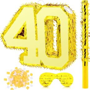 Gold Foil Number Pinata for Birthday Party Decorations Anniversary Celebrations Supplies Favors with Wooden Stick Paper Blindfold Confetti Set for Adult(Number 40)