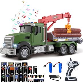 Remote Control Logging Truck Toy for Kids – RC Farm Log Truck with Loading Crane, 6 Timber Trunks, Lights & Sounds, 28 Traffic Signs – Educational STEM Gift RC Trucks for Boys Girls