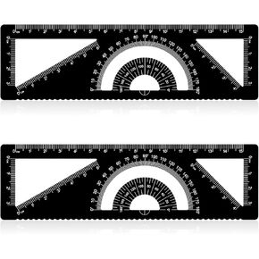 2 Pcs 4-in-1 Geometry Ruler Set Protractor Multifunctional Math Metal Measuring Ruler Straight Edge Rule 2 Precision Triangles Drafting Drawing Tool for School Office Supplies（Black）