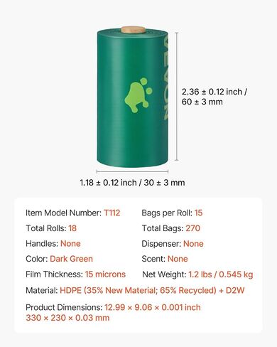 VEVOR Dog Poop Bags, 270 Counts 13 x 9 in, Sturdy & Thick Pet Waste Bags, Biodegradable HDPE Waste Bag Refill Rolls, Leak-Proof Unscented Trash Bag for Doggie Cat Pet, Dispenser Not Included in Saudi Arabia
