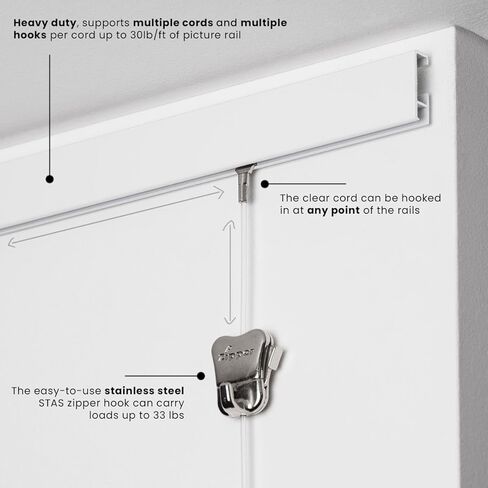 STAS Cliprail Pro Picture Hanging System Set White - Covers 4.92 ft of Wall Space - Heavy Duty Picture Rail & Art Hanging Gallery Kit Without Nails - for Home or Museum (Includes 2 Hooks & Cords) in Saudi Arabia
