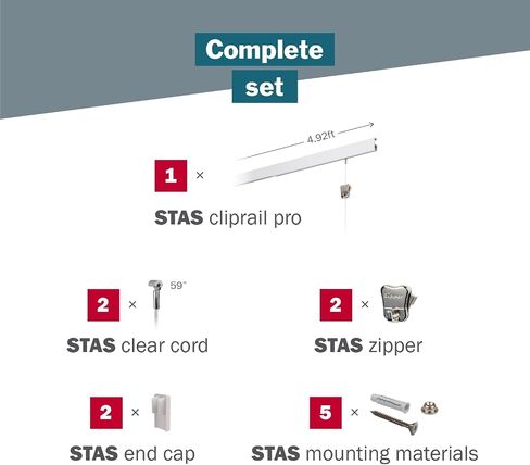 STAS Cliprail Pro Picture Hanging System Set White - Covers 4.92 ft of Wall Space - Heavy Duty Picture Rail & Art Hanging Gallery Kit Without Nails - for Home or Museum (Includes 2 Hooks & Cords) in Saudi Arabia