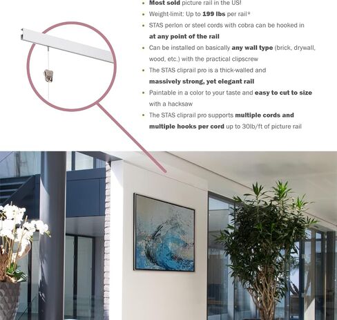 STAS Cliprail Pro Picture Hanging System Set White - Covers 4.92 ft of Wall Space - Heavy Duty Picture Rail & Art Hanging Gallery Kit Without Nails - for Home or Museum (Includes 2 Hooks & Cords) in Saudi Arabia