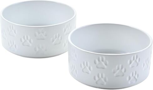 SPUNKYJUNKY Ceramic Dog and Cat Bowls 2 Pack, 5.1'' Dog and Cat Food Water Double Feeding Bowls Non-Slip for Cats and Puppy Small Sized Breed Dogs Microwave Dishwasher Safe - 13.5 OZ, 2pcs, Paw White in Kuwait