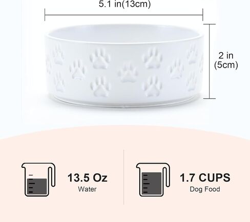 SPUNKYJUNKY Ceramic Dog and Cat Bowls 2 Pack, 5.1'' Dog and Cat Food Water Double Feeding Bowls Non-Slip for Cats and Puppy Small Sized Breed Dogs Microwave Dishwasher Safe - 13.5 OZ, 2pcs, Paw White in Kuwait