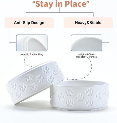 SPUNKYJUNKY Ceramic Dog and Cat Bowls 2 Pack, 5.1'' Dog and Cat Food Water Double Feeding Bowls Non-Slip for Cats and Puppy Small Sized Breed Dogs Microwave Dishwasher Safe - 13.5 OZ, 2pcs, Paw White in Kuwait