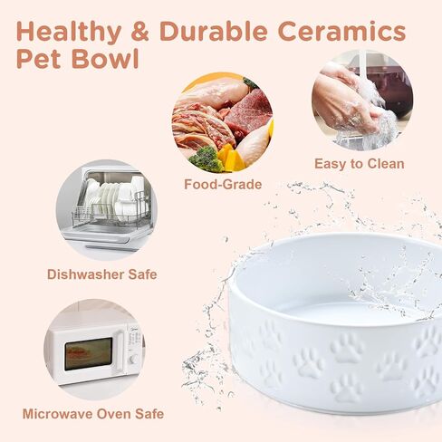 SPUNKYJUNKY Ceramic Dog and Cat Bowls 2 Pack, 5.1'' Dog and Cat Food Water Double Feeding Bowls Non-Slip for Cats and Puppy Small Sized Breed Dogs Microwave Dishwasher Safe - 13.5 OZ, 2pcs, Paw White in Kuwait