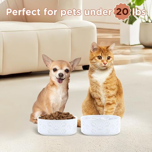 SPUNKYJUNKY Ceramic Dog and Cat Bowls 2 Pack, 5.1'' Dog and Cat Food Water Double Feeding Bowls Non-Slip for Cats and Puppy Small Sized Breed Dogs Microwave Dishwasher Safe - 13.5 OZ, 2pcs, Paw White in Kuwait