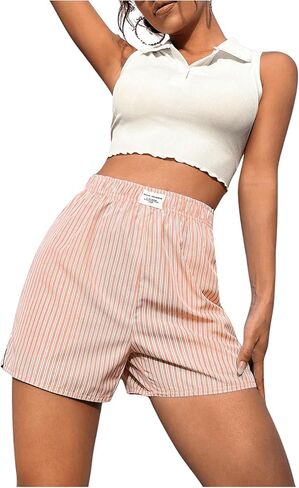 OYOANGLE Women's Summer Casual Striped Print Elastic Waist Mid Rise Straight Leg Shorts Light Grey Small in Saudi Arabia