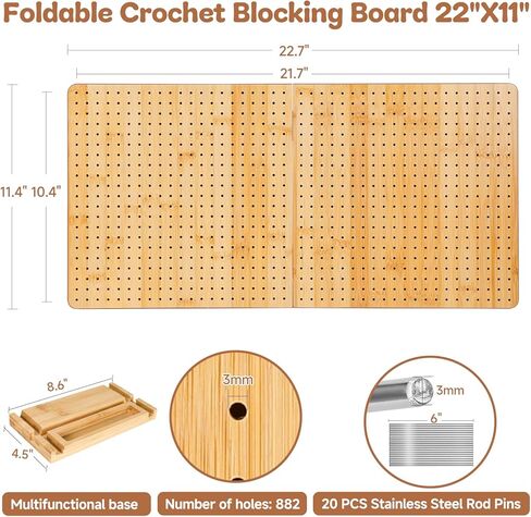 22 "× 11" لوحة حظر الكروشيه مع 20 دباس وأوتاد - لوحة حظر مربعة كبيرة الجدة ، حصيرة متينة الخيزران لمشاريع الكروشيه ، مثالية للمبتدئين ومحبي الحياكة in Kuwait