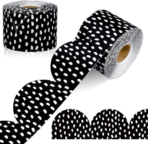 65 Feet Black and White Polka Dots Bulletin Board Borders Scalloped Rolled Border Trim Classroom Decoration for Bulletin Boards Office Back to School(Black Polka Dots on White) in Saudi Arabia