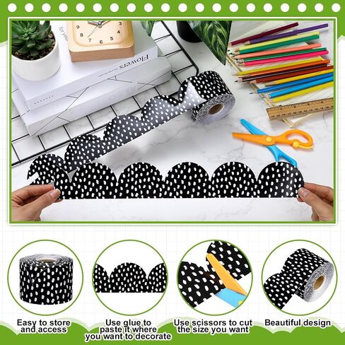 65 Feet Black and White Polka Dots Bulletin Board Borders Scalloped Rolled Border Trim Classroom Decoration for Bulletin Boards Office Back to School(Black Polka Dots on White) in Saudi Arabia