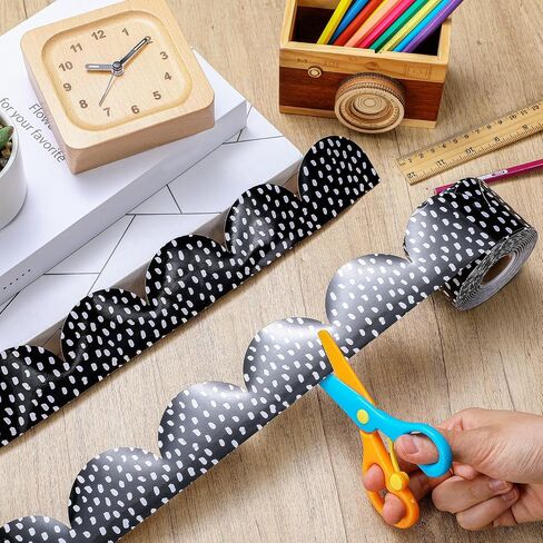 65 Feet Black and White Polka Dots Bulletin Board Borders Scalloped Rolled Border Trim Classroom Decoration for Bulletin Boards Office Back to School(Black Polka Dots on White) in Saudi Arabia