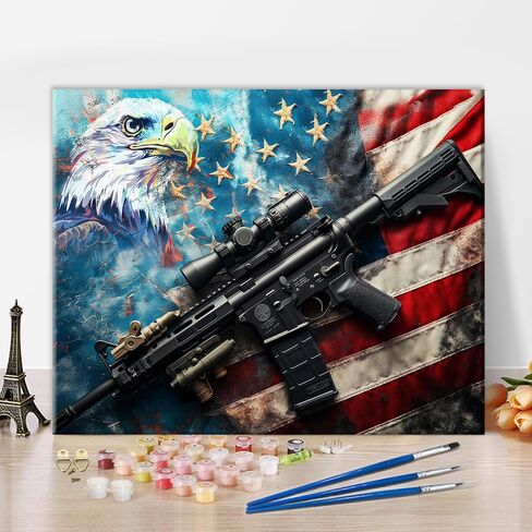 Rebotipy Bald Eagle Paint by Numbers Patriotism Veterans Day Painting Art Picture of a Machine Gun Placed on The American Flag Adults DIY Animals Paint for Men Lady Paintings Crafts Gifts16x20 in in Saudi Arabia