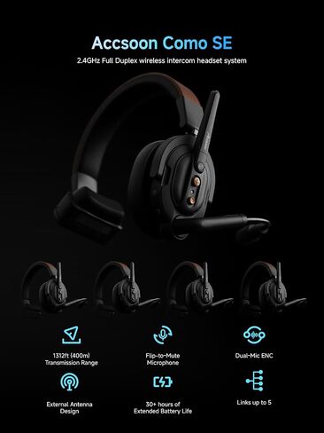 Accsoon Como SE Wireless Intercom Headset System, 2.4GHz Full Duplex Wireless Headset 5-Person, 1312FT/400M Range 30H Real-time Monitoring, Wireless-Headset-Intercom for Team Communication Group Talk in Saudi Arabia