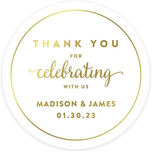 Andaz Press Personalized Round Circle Wedding Favor Gift Labels Stickers, Metallic Gold Ink, Thank You for Celebrating with Us Sticker, 40-Pack, Custom Made Any Name Wedding Stickers for Favors in Saudi Arabia