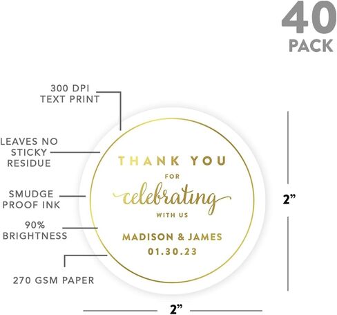 Andaz Press Personalized Round Circle Wedding Favor Gift Labels Stickers, Metallic Gold Ink, Thank You for Celebrating with Us Sticker, 40-Pack, Custom Made Any Name Wedding Stickers for Favors in Saudi Arabia