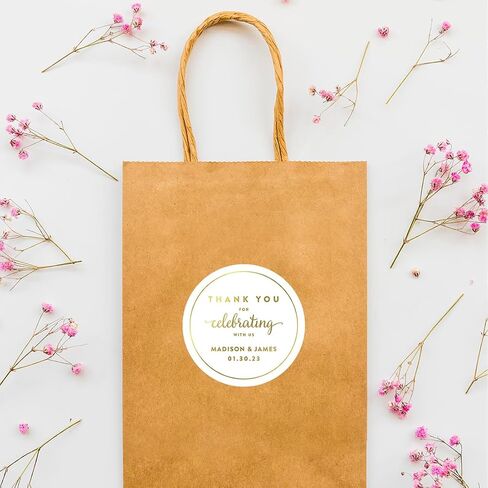 Andaz Press Personalized Round Circle Wedding Favor Gift Labels Stickers, Metallic Gold Ink, Thank You for Celebrating with Us Sticker, 40-Pack, Custom Made Any Name Wedding Stickers for Favors in Saudi Arabia