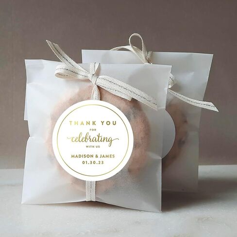 Andaz Press Personalized Round Circle Wedding Favor Gift Labels Stickers, Metallic Gold Ink, Thank You for Celebrating with Us Sticker, 40-Pack, Custom Made Any Name Wedding Stickers for Favors in Saudi Arabia