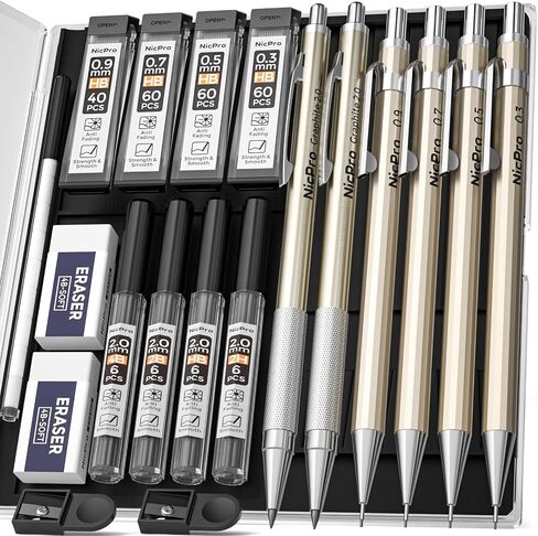 Nicpro 6PCS Metal Mechanical Pencil Set, Full Copper Drafting Pencil 0.3, 0.5, 0.7, 0.9 mm & 2PCS 2mm Graphite Lead Holder(4B 2B HB 2H) For Art Sketching Drawing With Lead Refills Eraser Case in Saudi Arabia