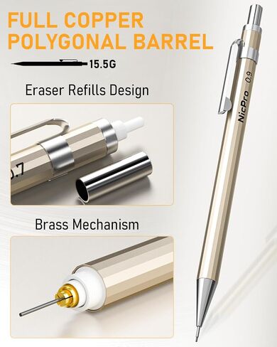 Nicpro 6PCS Metal Mechanical Pencil Set, Full Copper Drafting Pencil 0.3, 0.5, 0.7, 0.9 mm & 2PCS 2mm Graphite Lead Holder(4B 2B HB 2H) For Art Sketching Drawing With Lead Refills Eraser Case in Saudi Arabia