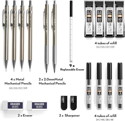 Nicpro 6PCS Metal Mechanical Pencil Set, Full Copper Drafting Pencil 0.3, 0.5, 0.7, 0.9 mm & 2PCS 2mm Graphite Lead Holder(4B 2B HB 2H) For Art Sketching Drawing With Lead Refills Eraser Case in Saudi Arabia