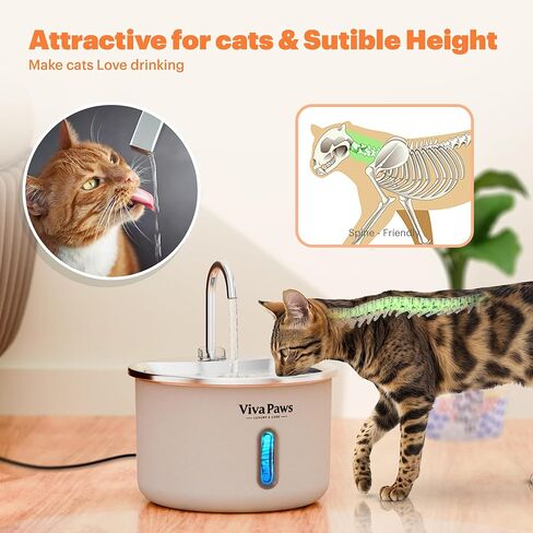 Viva Paws Cat Water Fountain, 2L/74oz Stainless Steel Pet Fountain with LED Light, Ultra-Quiet Pump <25dB, Water Level Window, 4-Stage Filter, Dishwasher Safe, for Cats & Small Pets in Saudi Arabia