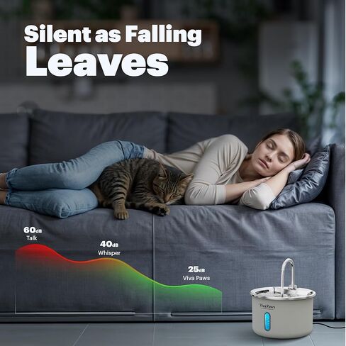 Viva Paws Cat Water Fountain, 2L/74oz Stainless Steel Pet Fountain with LED Light, Ultra-Quiet Pump <25dB, Water Level Window, 4-Stage Filter, Dishwasher Safe, for Cats & Small Pets in Saudi Arabia