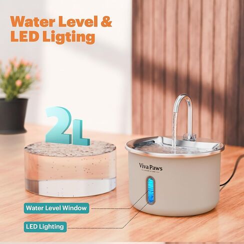 Viva Paws Cat Water Fountain, 2L/74oz Stainless Steel Pet Fountain with LED Light, Ultra-Quiet Pump <25dB, Water Level Window, 4-Stage Filter, Dishwasher Safe, for Cats & Small Pets in Saudi Arabia