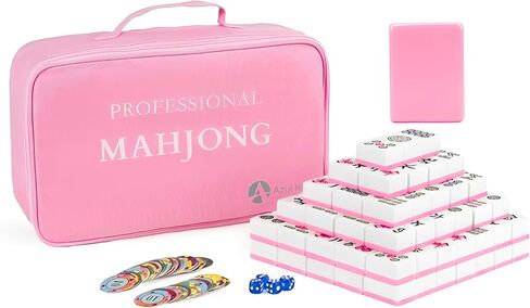 Mahjong Game Set, 144 40mm(1.57") Melamine Tiles with 4 Dices 40 Poker Chips and One Storage Bag, Complete Mahjong Tiles Set, Large, Majiang, 麻将, Pink in Kuwait
