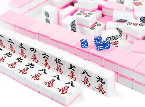 Mahjong Game Set, 144 40mm(1.57") Melamine Tiles with 4 Dices 40 Poker Chips and One Storage Bag, Complete Mahjong Tiles Set, Large, Majiang, 麻将, Pink in Kuwait