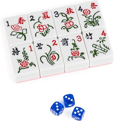Mahjong Game Set, 144 40mm(1.57") Melamine Tiles with 4 Dices 40 Poker Chips and One Storage Bag, Complete Mahjong Tiles Set, Large, Majiang, 麻将, Pink in Kuwait