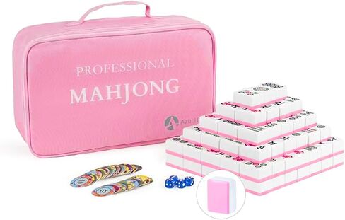 Mahjong Game Set, 144 40mm(1.57") Melamine Tiles with 4 Dices 40 Poker Chips and One Storage Bag, Complete Mahjong Tiles Set, Large, Majiang, 麻将, Pink in Kuwait