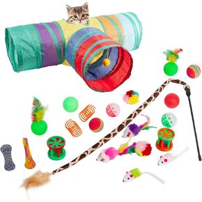 22 Pcs Cat Toys for Indoor Cats Collapsible 3 Way Cat Tunnel Interactive Feather Teaser Wand Ball Toy for Kitten Cats (22pcs-3 Way)