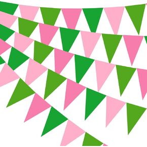 Pasimy 49.21 ft 60 Pieces Pink and Green Party Pennant Banner Flags Decorations Pink Goes Good with Green String Triangle Flags for Birthday Baby Shower Carnival Movie Witch Crown Party Supplies