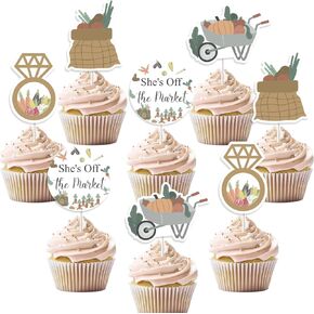 24pcs Farmers Market Bridal Shower Cupcake Topper, She's Off the Market Bridal Shower Decorations Farm Vegetables Fruit Cupcake Topper for Women Off the Market Bridal Showers Party Supplies