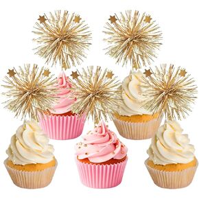 40Pcs Cupcake Toppers, Sparkle Tinsel Firework Cake Decorating Kits, Toothpicks Toppers for Birthday Party, Baby Shower, Wedding, Valentine's Day, and More
