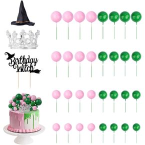 35 Pcs Wicked Party Decorations Supplies Witch Cake Topper Set with Crown Witch Hat Non Edible Cupcake Toppers for Pink and Green Birthday Decoration