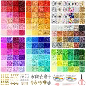 Redtwo 3mm 45000pcs Glass Seed Beads Kit, 7 Boxes 144 Colors Small Beads for Bracelets, Friendship Bracelet Kit with Charms and Letters