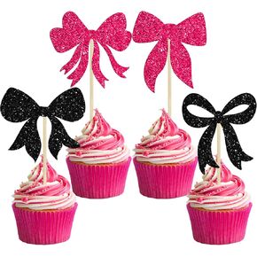Gyufise 36Pcs Bow Cupcake Toppers Glitter Bowknot Cupcake Picks Bow Tie Birthday Decorations Princess Bow Cupcake Decorations for Bowknot Theme Baby Shower Birthday Party Supplies Multi Pink